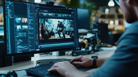 A video editor's hands skillfully manipulate clips on a timeline within editing software, meticulously trimming and rearranging footage to create a captivating narrative.の素材
