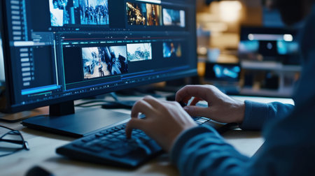 A video editor's hands skillfully manipulate clips on a timeline within editing software, meticulously trimming and rearranging footage to create a captivating narrative.の素材