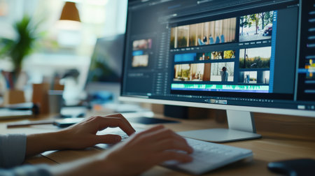 A video editor's hands skillfully manipulate clips on a timeline within editing software, meticulously trimming and rearranging footage to create a captivating narrative.の素材