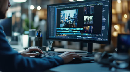 A video editor's hands skillfully manipulate clips on a timeline within editing software, meticulously trimming and rearranging footage to create a captivating narrative.の素材