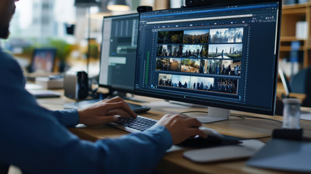 A video editor's hands skillfully manipulate clips on a timeline within editing software, meticulously trimming and rearranging footage to create a captivating narrative.の素材