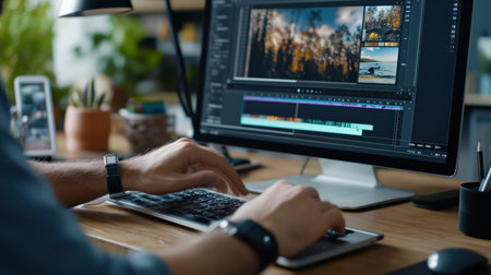 A video editor's hands skillfully manipulate clips on a timeline within editing software, meticulously trimming and rearranging footage to create a captivating narrative.の素材