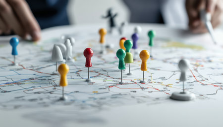 The image shows a colorful map with businessman team moving colorful pins around.の素材