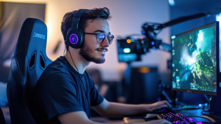 A gamer live-streaming in a dimly lit room, with a glowing backdrop of LED lights and a professional camera setupの素材
