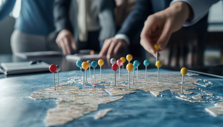 The image shows a colorful map with businessman team moving colorful pins around.の素材