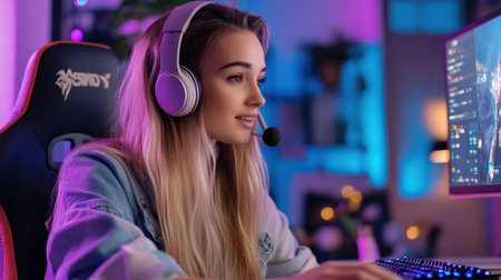 A streamer woman sitting at their gaming setup, surrounded by colorful LED lights, speaking into a high-quality microphoneの素材