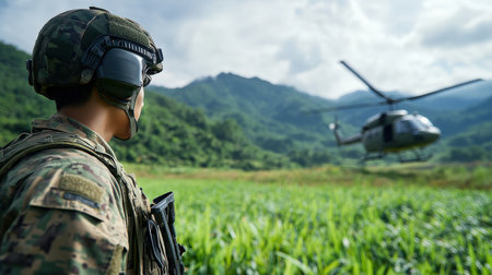 a soldier to a helicopter, with a green grass field and jungle-covered mountains in the background.の素材