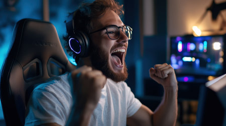 A streamer reacting excitedly to in-game action, with viewers comments popping up on the screenの素材