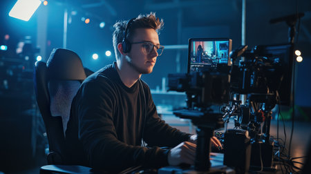 A gamer live-streaming in a dimly lit room, with a glowing backdrop of LED lights and a professional camera setupの素材