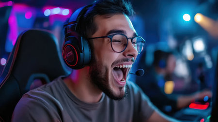 A streamer reacting excitedly to in-game action, with viewers comments popping up on the screenの素材