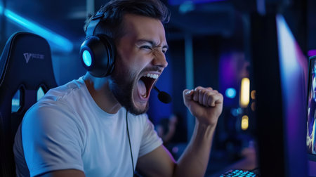 A streamer reacting excitedly to in-game action, with viewers comments popping up on the screenの素材