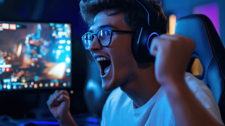 A streamer reacting excitedly to in-game action, with viewers comments popping up on the screenの素材