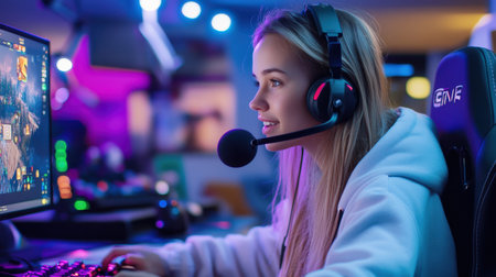 A streamer woman sitting at their gaming setup, surrounded by colorful LED lights, speaking into a high-quality microphoneの素材
