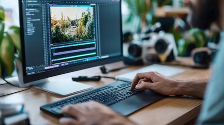 A video editor's hands skillfully manipulate clips on a timeline within editing software, meticulously trimming and rearranging footage to create a captivating narrative.の素材