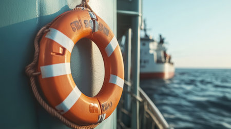 A close-up of a lifebuoy hanging on the side of a boat, ready for water safety emergenciesの素材