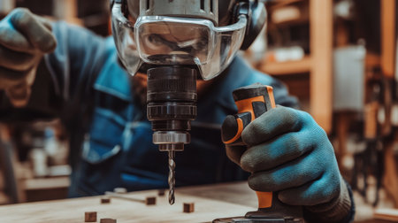 A close-up of a person wearing gloves and goggles while using a drill in a workshopの素材