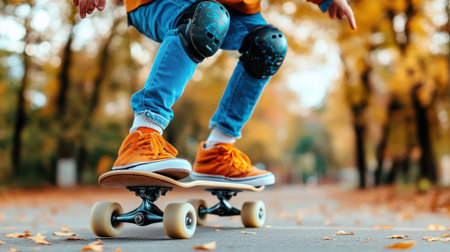 A person wearing a helmet and knee pads while riding a skateboard, following safety precautionsの素材
