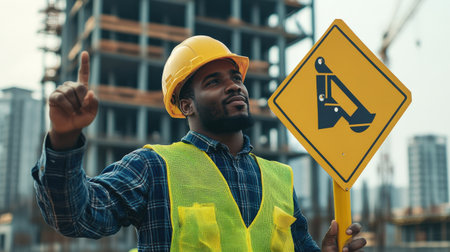 A construction worker pointing to a safety sign on-site, ensuring compliance with safety rulesの素材