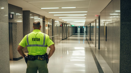 A security officer checking fire exit routes in a commercial building during a safety inspectionの素材