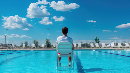 A lifeguard watching over a swimming pool from a lifeguard chair, ensuring swimmer safetyの素材