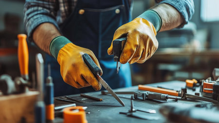 A person handling sharp tools in a workshop, using protective gloves and safety equipmentの素材