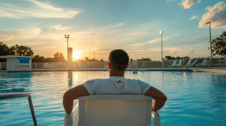 A lifeguard watching over a swimming pool from a lifeguard chair, ensuring swimmer safetyの素材
