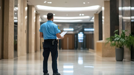 A security officer checking fire exit routes in a commercial building during a safety inspectionの素材