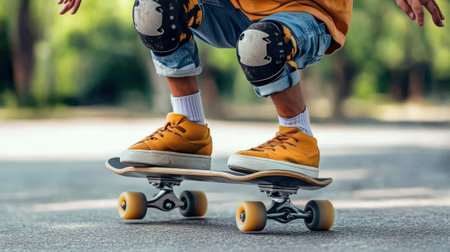 A person wearing a helmet and knee pads while riding a skateboard, following safety precautionsの素材