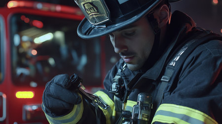 A firefighter checking safety equipment before responding to a fire emergency callの素材
