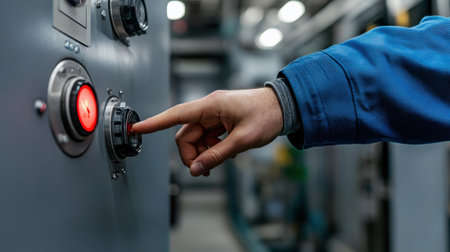 A close-up of a person pressing the emergency stop button on industrial equipmenの素材