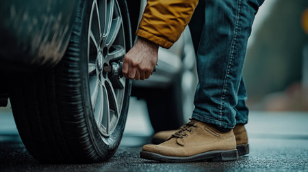 A driver checking their tire pressure before a road trip, following road safety guidelinesの素材