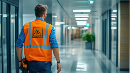 A safety officer inspecting emergency exit signs and paths in an office buildingの素材