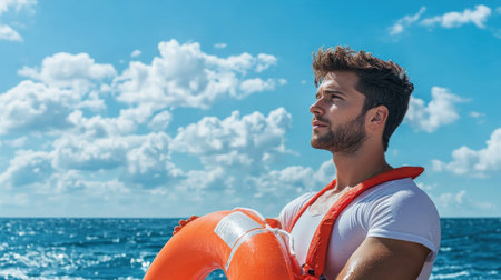 A lifeguard holding a rescue float, scanning the water for any safety concernsの素材