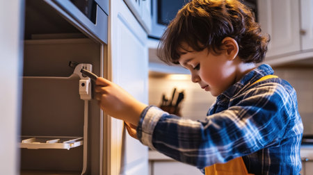 A close-up of a person installing child-proof locks on cabinets in the kitchen for home safetyの素材