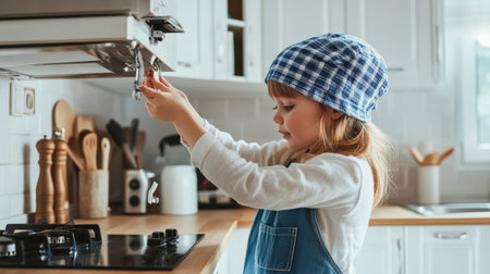 A close-up of a person installing child-proof locks on cabinets in the kitchen for home safetyの素材