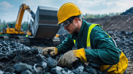 A worker carefully operating heavy machinery while wearing safety gear on-siteの素材