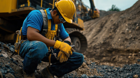 A worker carefully operating heavy machinery while wearing safety gear on-siteの素材