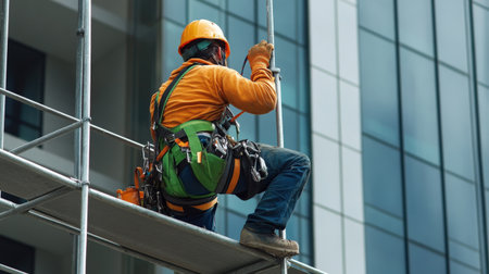 A worker fastening a safety harness while working on scaffolding at a high-rise buildingの素材