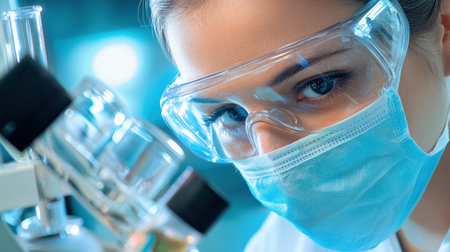 A person wearing safety glasses and a face mask while working in a lab, following safety protocolsの素材