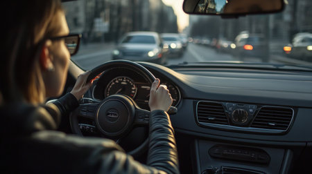 A person in a car checking their blind spots before changing lanes, ensuring safe drivingの素材