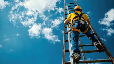 A person climbing a ladder while wearing a safety harness, emphasizing worksite precautionsの素材