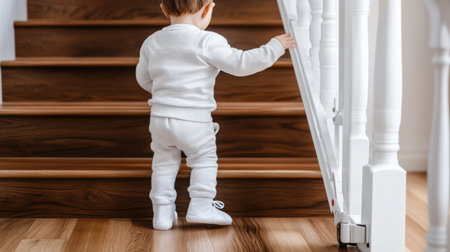 A parent placing a safety gate at the top of the stairs, ensuring child safety at homeの素材