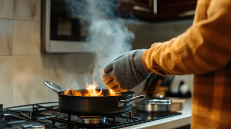 A person practicing kitchen safety by wearing oven mitts while handling hot cookwareの素材