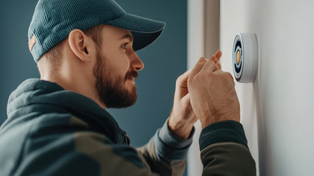 A person installing a home security system, ensuring safety and peace of mindの素材