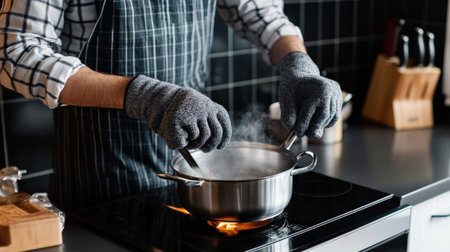 A person practicing kitchen safety by wearing oven mitts while handling hot cookwareの素材