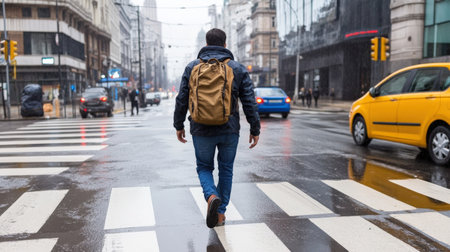 A pedestrian using a crosswalk while looking both ways for traffic, showcasing road safetyの素材