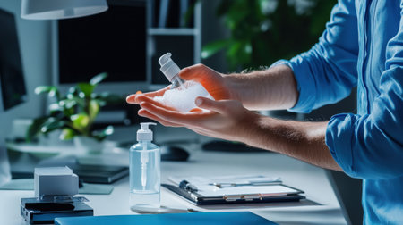 A person applying hand sanitizer in an office, representing hygiene and safetyの素材