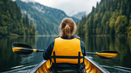 A person wearing a life jacket while kayaking on a lake, ensuring water safetyの素材