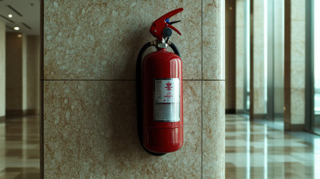 A close-up of a fire extinguisher mounted on the wall in a public buildingの素材