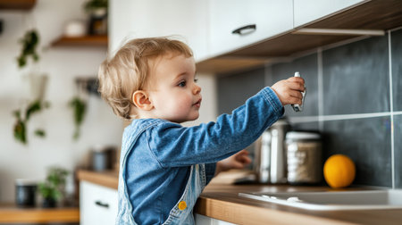 A child-proof lock on a kitchen cabinet, ensuring home safety for toddlersの素材
